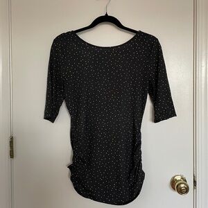 Boden Gray and Cream Dotted Ruched Side, Ballet Back, Quarter Sleeve Top